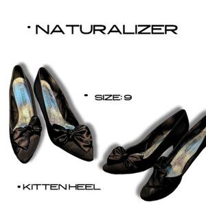 Naturalizer Black Satin Kitten Heel Pumps - Bow Detail Slip-On Heels, Size 9